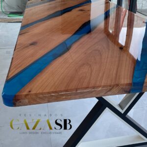 Mesa Resinada Premium Resina Azul Perolado, Madeira Maciça
