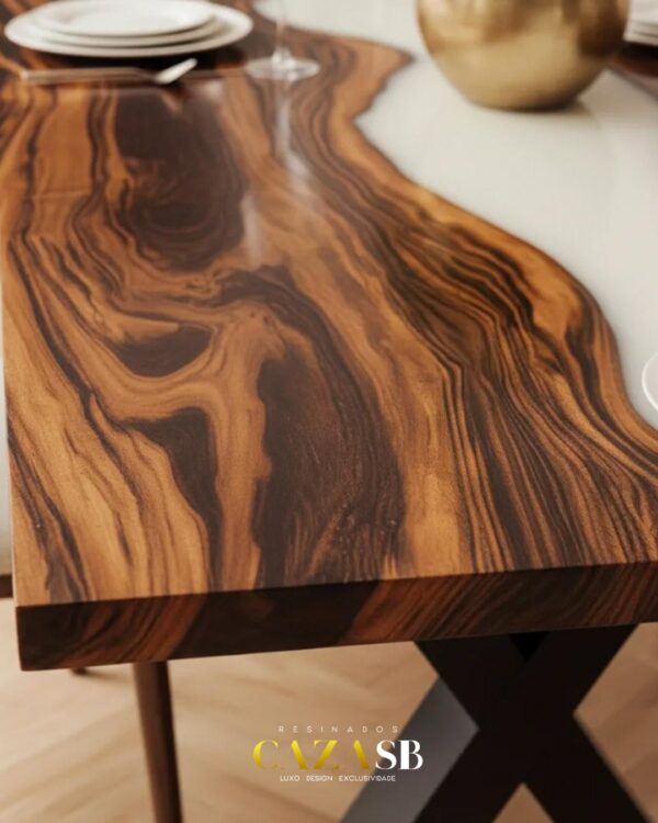 Mesa de Jantar em Madeira Angico e Resina Branca – Design Sofisticado e Exclusivo - Imagem 4