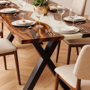 Mesa de Jantar em Madeira Angico e Resina Branca – Design Sofisticado e Exclusivo