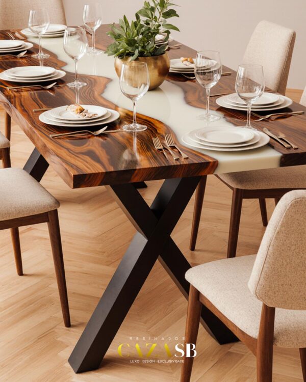 Mesa de Jantar em Madeira Angico e Resina Branca – Design Sofisticado e Exclusivo